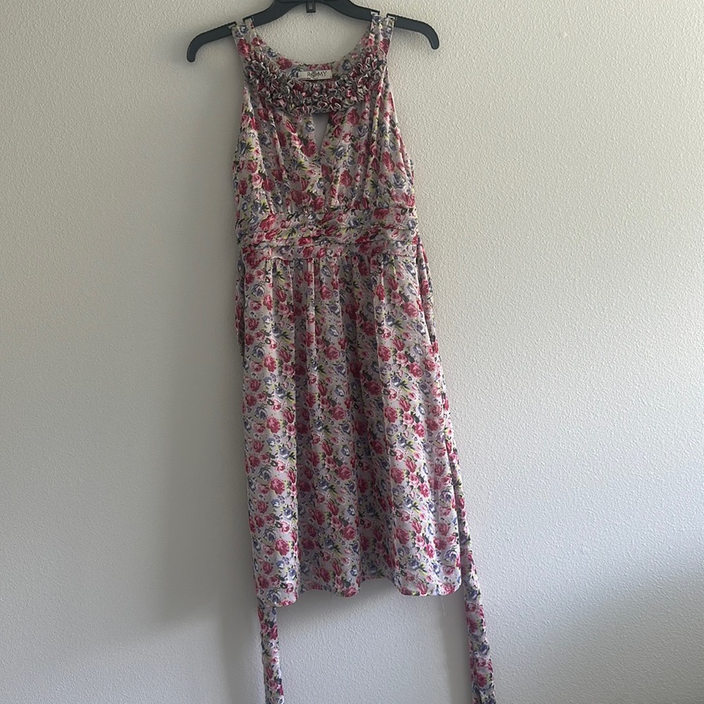 Romy Womens Peasant Dress small Cream Pink Ruffles Maxi Long Floral Sleeveless